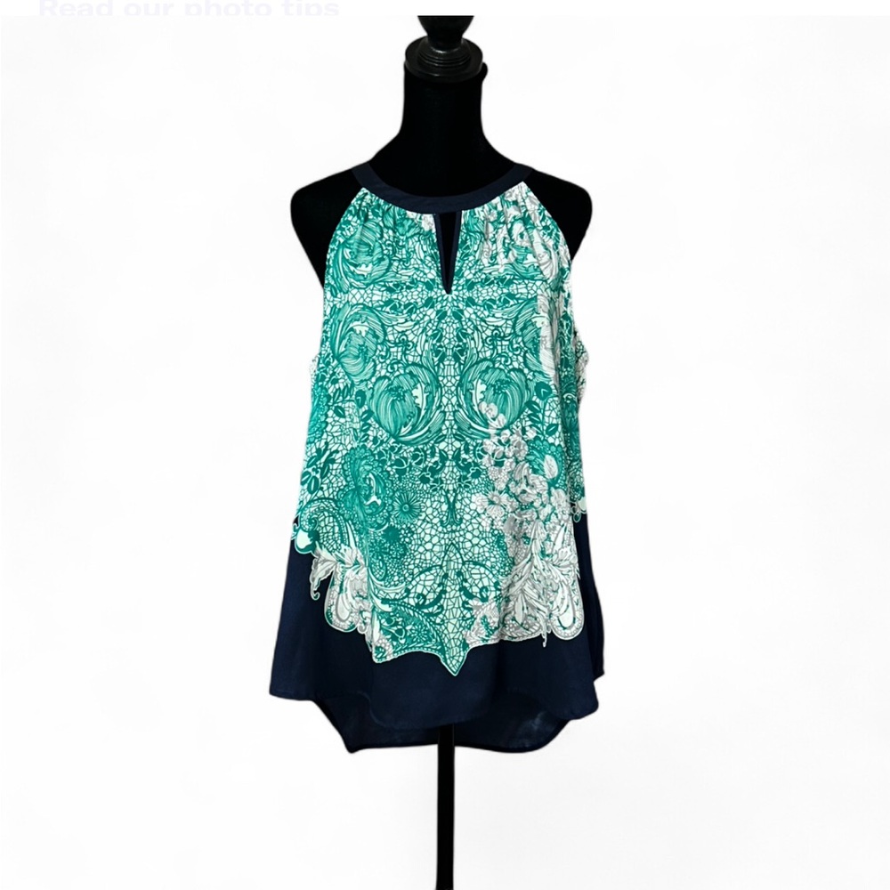 NEW YORK & COMPANY Teal and Navy Floral Top L,